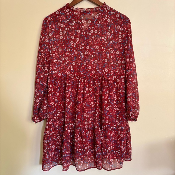 Zara| Boho Red Micro-Floral Long Sleeve V Neck Mini Dress Sz M - Picture 2 of 6